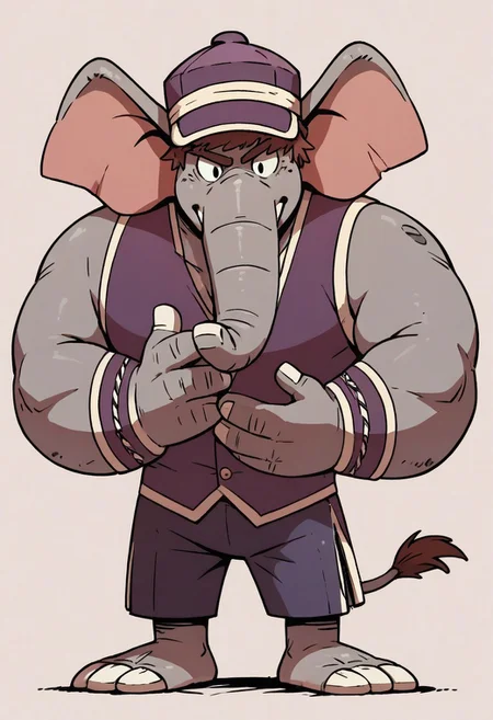 (score_9 | score_8_up | score_7_up)
((masterpiece:1))(best quality,very high quality,ultra detailed:1.2)
(2D,cartoon style,anime style)(Smooth:2)(clean blurring)
(four fingers on each hand,one thumb on each hand:1), Abu elephant, solo, brown hair, grey skin, black eyes, trunk, trunk nose, elephant trunk, elephant ears, monkey tail, purple vest, red and purple hat, alien, muscular, +++three eyes, extra eye, grey skin color, full body