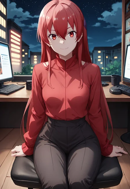 score_9, score_8_up, score_7_up, source_anime, looking at viewer, depth of field, 1girl, 18 year old, solo, red hair, red eyes, long hair, hair between eyes, bangs, night, light smile, red eyeframe, full body shot, sitting infont of desktop, working, gaming bedroom, PC,