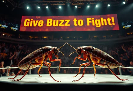 Two cockroaches locked in an intense MMA-style fight inside a brightly lit octagon ring. The high-resolution scene captures the intricate details of their glossy exoskeletons, segmented limbs, and determined stances. Surrounding the octagon, a packed crowd of enthusiastic spectators cheers wildly, amplifying the tension and excitement. Large digital displays above the audience flash the bold slogan, âGive Buzz to Fight!â in dynamic typography. The scene is masterfully shot using Panavision Prime optics, delivering stunning sharpness, vibrant colors, and cinematic depth that emphasize every detail of the cockroaches, the stage, and the charged atmosphere