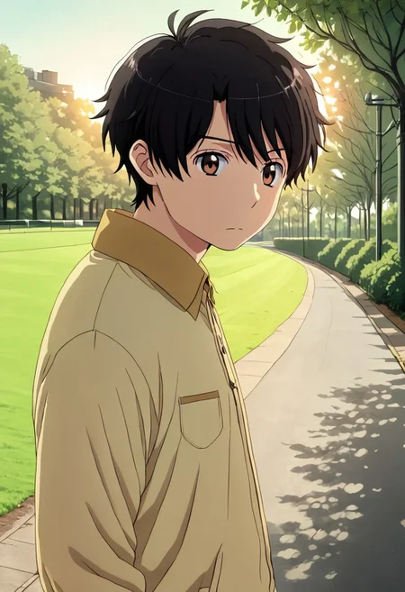 high resolution, solo, best quality, 1Boy, Inaho Kaizuka, Black hair, Brown Eyes, Morning run, sneakers, park, fresh air,