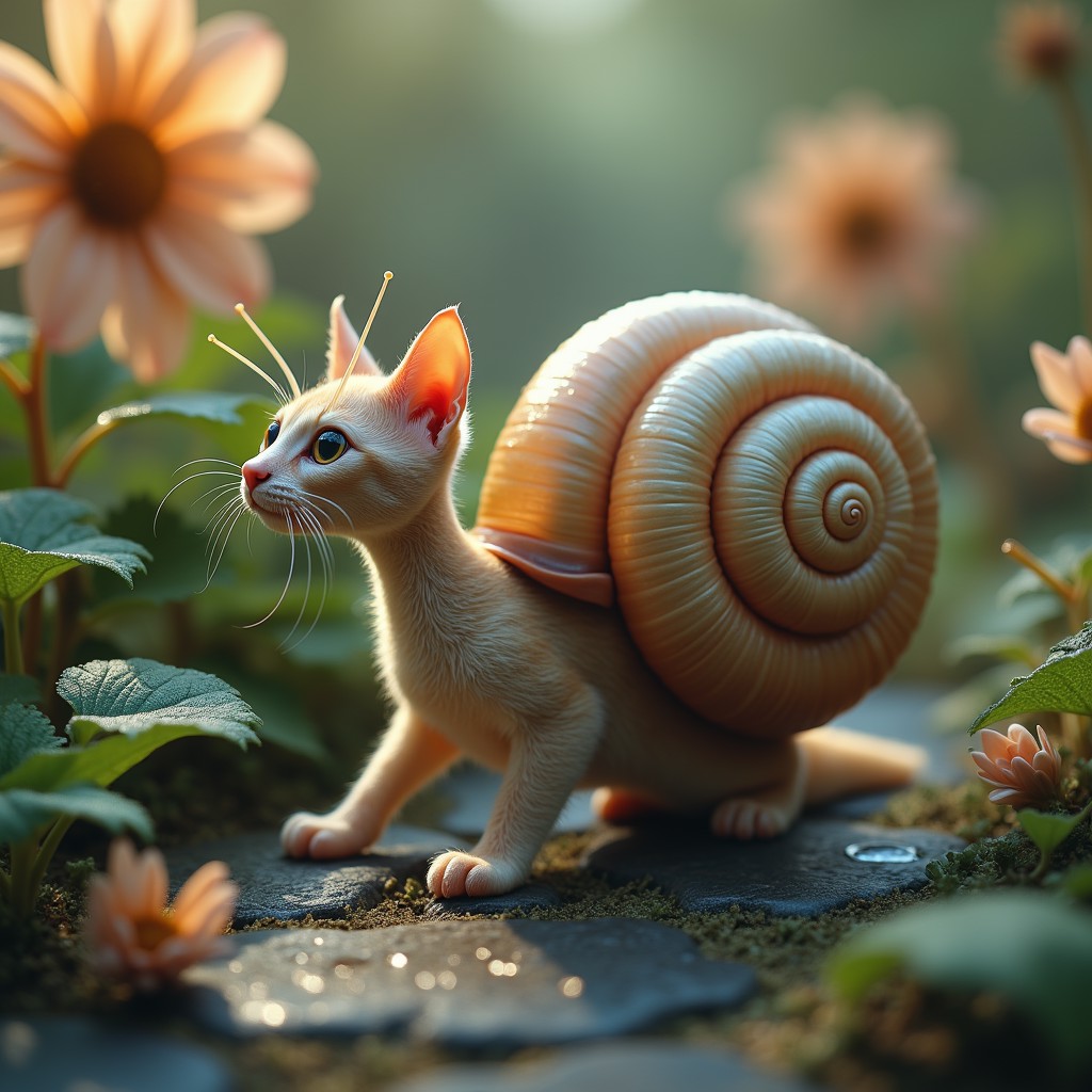 Imagine a hyper-realistic photograph of a surreal creature that combines the essence of a cat and a snail. The creature has a lithe, feline body covered in soft fur, but with prominent, snail-like eyes on long, delicate stalks that extend from its head, giving it a curious, otherworldly appearance.
The creature’s back gracefully transitions into a spiraled, iridescent snail shell, which shimmers with subtle rainbow hues as it catches the light. The cat snail’s body moves with the fluid, gliding motion of a snail, leaving behind a faint, glittering trail on the ground. The front paws are still feline, with delicate claws, but the back half merges seamlessly into the snail’s muscular foot.
Set in a magical, dew-kissed garden at dawn, the snail-cat hybrid navigates a world of oversized flowers, glistening leaves, and moss-covered stones. The snail eyes, perched atop their stalks, survey the environment with a blend of catlike curiosity and snail-like patience. The early morning light casts a golden glow across the scene, highlighting the creature’s unique blend of soft fur and smooth shell. The overall atmosphere is whimsical and serene, a perfect blend of the natural and the fantastical.