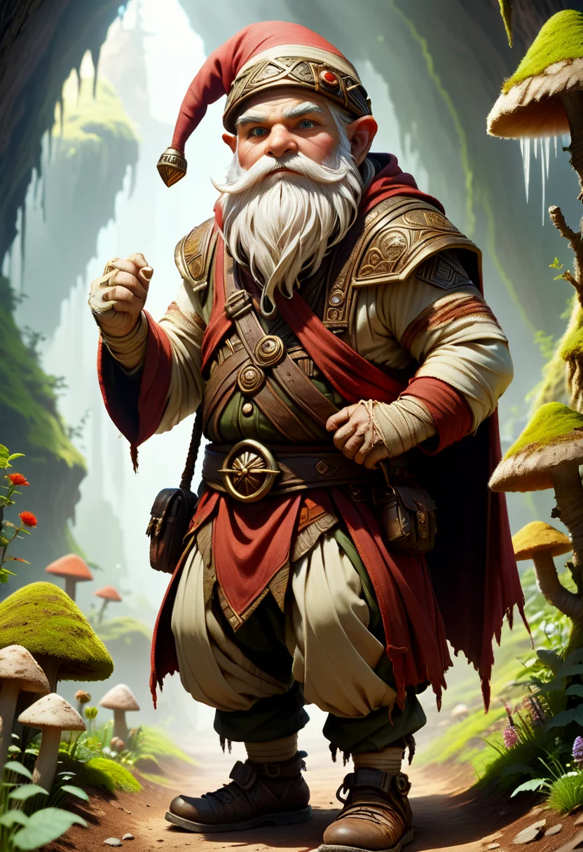 hyper detailed masterpiece, dynamic, awesome quality, male gnome, small humanoid creature, stocky and stout appearance, long white beard, pointed hat, red or earth toned, rounded belly, rosy cheeks, practical earthy clothing, connection to earth and nature, underground settings, craftsmanship, earth magic, earth and minerals, wrapped in bandages <lora:DonMM00m13sXL:1>