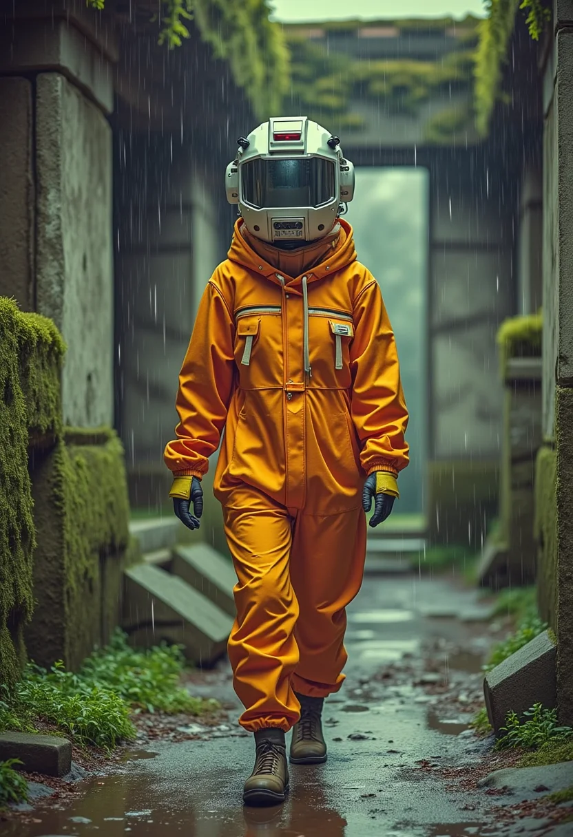 yfg-cehda walking around ancient mossy temple, raining, water dripping off the stones, orange hazmat suit, latex, medium breasts, source_anime,
