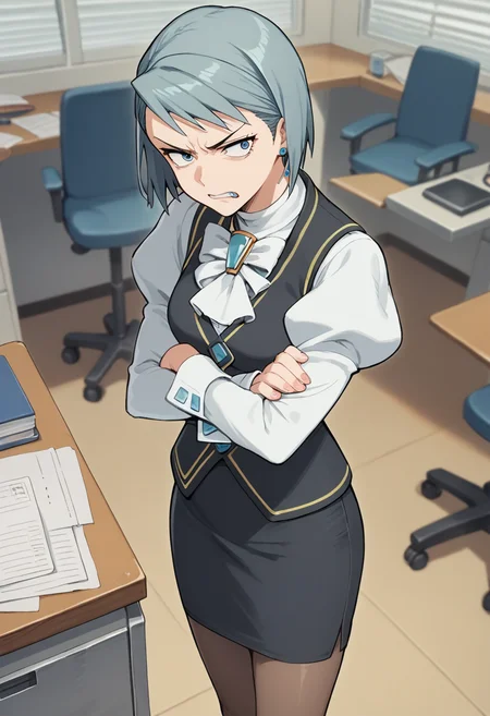 score_9, score_8, score_7, source_anime,
anime, official art,
rating_general,
<lora:franziska-ponyxl-000007:1>franziska von karma, 
vest, white shirt, pencil skirt, pantyhose
1girl, solo, office, crossed arms, (annoyed:0.4), clenched teeth
