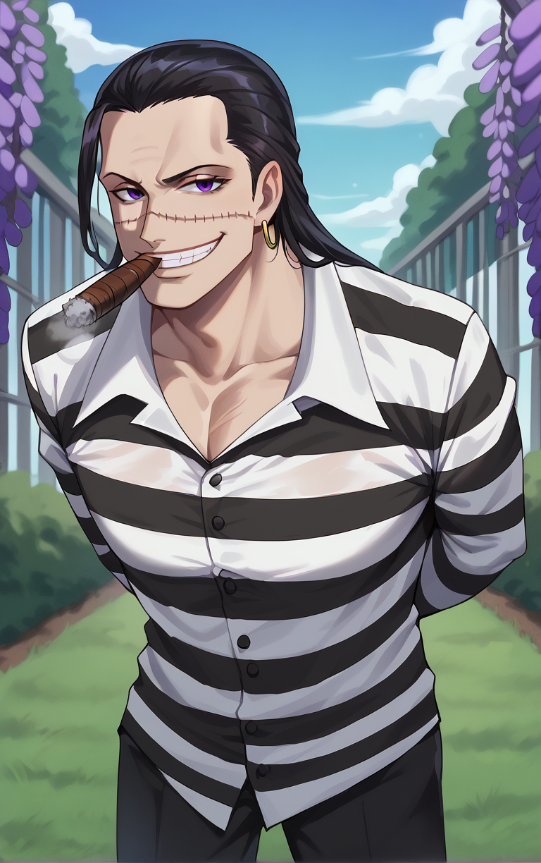 score_9, score_8_up, score_7_up, looking at viewer,  BREAK
JailOutfit_Crocodile_ownwaifu, hook,
1boy, black eyes, black hair, hair slicked back,  male focus, scar on face, single earring, scar, jewelry, earrings, long hair, 
prison clothes, cigar, smoking, stitches, smile, striped shirt, shirt, striped, grin, teeth, evil smile, long sleeves
(leaning forward, arms behind back), cowboy shot, garden, wisteria, outdoors, <lora:PONYXL_Pre_ONEPIECE_Crocodile_ownwaifu:0.85> , depth of field, solo, Interesting Image, Captivating Image,