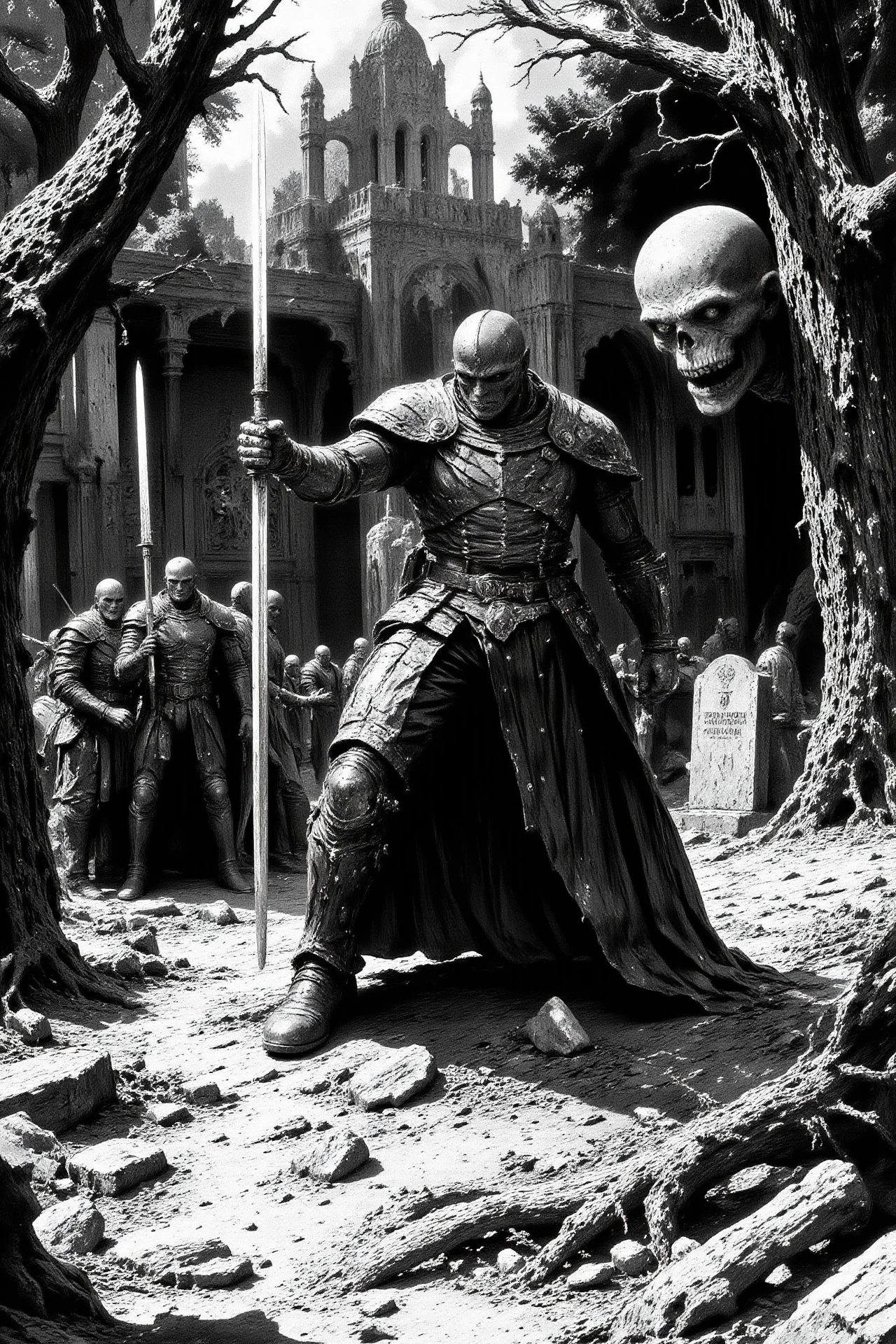 terror horror fantasy landscape, graveyard, comics, very detailed medieval warrior  holding a sword fighting against a group of esquletons, vampires and monsters, (multilayer paint splash style),  <lora:Hand v2:1> <lora:Anti-Blur:1> <lora:Insane Detail Slider:0.5>   <lora:Flux.1_Turbo_Detailer:0.6>   <lora:flux-photo-transparent_Alpha_1.0:0.8> <lora:flux.1_lora_flyway_Epic-detail_v2:1>   <lora:FluxMythP0rtr4itStyle:0.8> mythp0rt <lora:zy_Dark_Fantasy_Flux:0.5> <lora:Wraith_BW_Flux:0.2> B&W