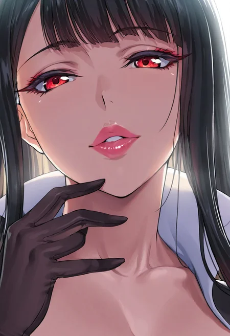 1girl, Takemura Youhei
\(Mato Seihei no Slave\),, adult woman, milf, masterpiece, black japanese kimono, hand up, black gloves, high collar, dark black hair, long hair, very long hair, luscious lips, lip gloss, portrait, colored eyelashes, backlighting, red eyes, goddess, glossy skin, ,hires,best quality, very aesthetic,absurdres,score_9, score_8_up, score_7_up, score_6_up, score_5_up, score_4_up, (hyper extreme detailed), (hyper quality), game CG, (colour:1.2),(from side:0.7)