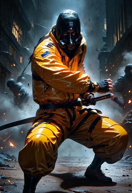 Bio Style, from above, a stunning film noir still photograph, a (scientist wearing yellow protection suit with gas mask/) (weapon, holding sword, battoujutsu, battoujutsu stance, ready to draw, sheathed, unsheathing, scabbard), (full body, fight stance:1.2), perfect body, perfect katana, perfect hands, masculine perspective, perfect hands,
dramatic cinematic film noir lighting,
very strong contrast, dramatic Lighting,
strong visual contrast, terrifying,
Tsutomu Nihei, cinematic film style, special effects, VFX, award-winning picture, highly detailed, ultra-high resolutions, 32K UHD, sharp focus,
(photorealistic:1.5), (Extremely realistic, masterpiece, top quality, official art, best quality, beautiful and aesthetic:1.2), 4k, 8k, very rich details,