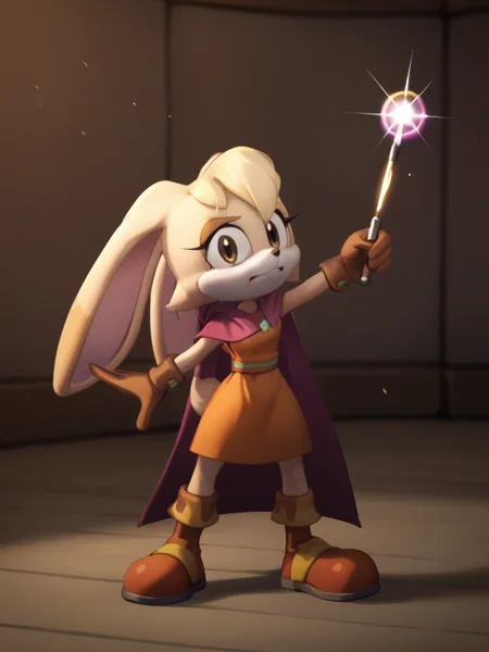 score_9, score_8_up, score_7_up, <lora:Cream_the_Rabbit_Pony:0.8> cre4mth3r4bb1t, Furry, furry female, animal ears, animal nose, rabbit ears, rabbit girl, tail, brown gloves, multicolored fur, orange dress, mauve cloak, one magic wand, (action pose:1.2), looking at viewer, <lora:Biancarabbit:0.8>