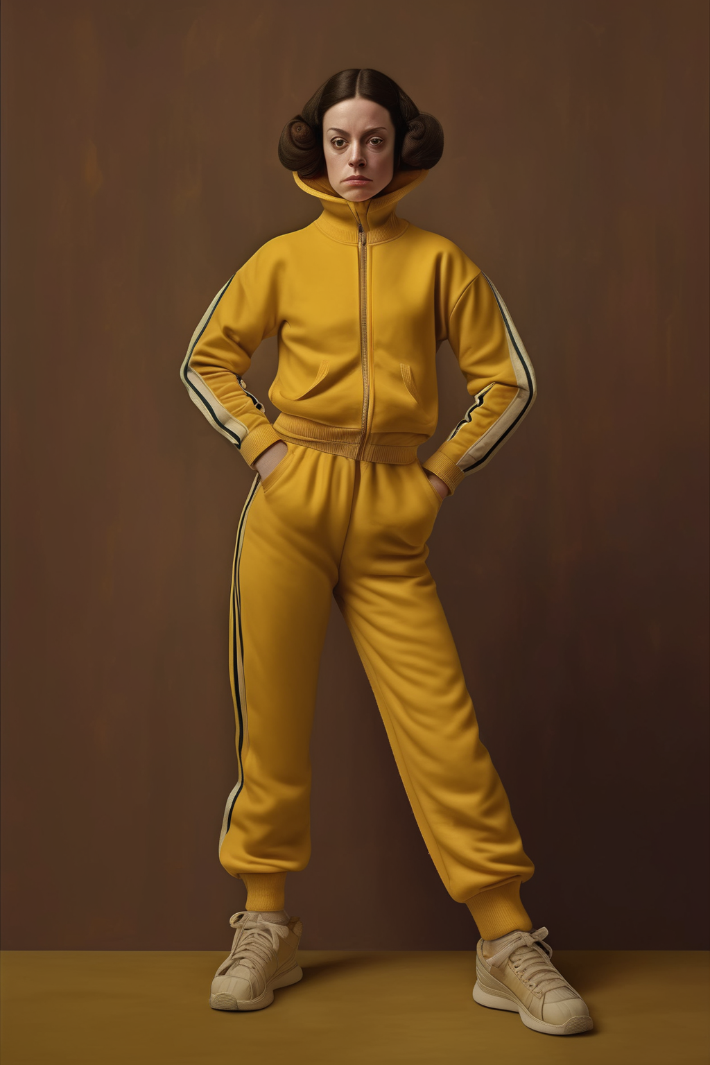 <lora:Sacha Goldberger Style:1>Sacha Goldberger Style - a woman dressed in a yellow tracksuit. Velazquez style