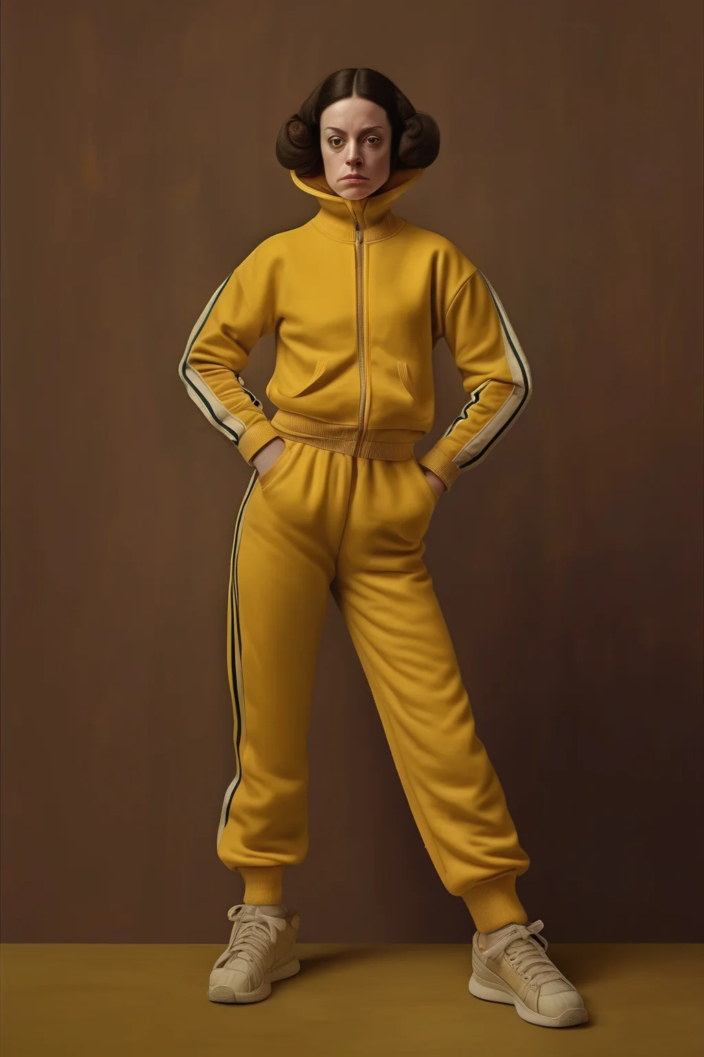 <lora:Sacha Goldberger Style:1>Sacha Goldberger Style - a woman dressed in a yellow tracksuit. Velazquez style