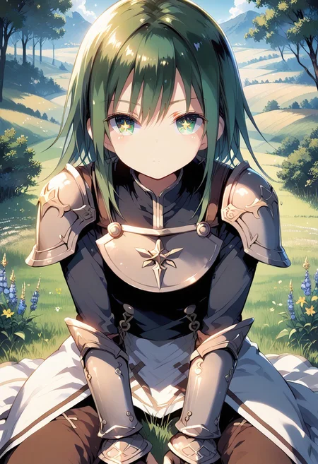 score_9, score_8_up, score_7_up, 1girl,FujisakaLP,high definition eyes, (masterpiece), (best quality), (ultra detailed),(disheveled hair),(illustration), (best shadow), detail1eye, sakuya, magicpunk style, incredibly absurdres, concept art, best quality, perfect lighting, illustration, vanishing point, sitting, looking at viewer, mature male character, 1boy, (no mouth:1.3), male focus, masculine, green hair, Dyed Bangs, sparkling eyes, wearing (fantasy style crotch plate and shin guards:1.1), field of wheat, finely detailed background, amazing background