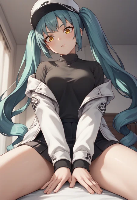 score_9, score_8_up, score_7_up, source_anime BREAK 1girl, solo, <lora:privaty-nikke-richy-v1_pdxl:1> privatycasual, yellow eyes, aqua hair, twintails, very long hair, white headwear, white jacket, black sweater, black skirt, from below, girl on top, straddling, undressing, bed, bedroom, pov