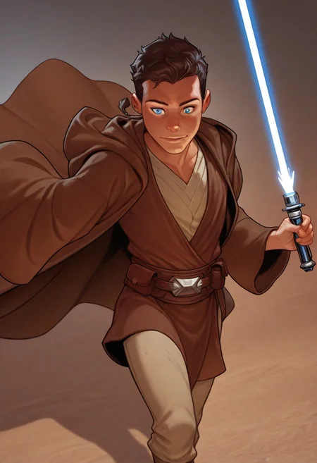 masterpiece, absurdres, high quality, perfect anatomy, 1boy, solo, cute boy, male focus, jedi robe, Caleb Dume, Brown Hair, Padawan Braid, Blue Eyes, Brown Robe, Brown Tunic, Tan Shirt, Belt, Tan Pants, holding a lightsaber, blue lightsaber, cinematic, intricately detailed illustration, depth of field, masterpiece, best quality, amazing quality, very aesthetic, absurdres, newest, very awa,  shadow, dynamic angle, casual cosplay, skinny, toned, dynamic pose,