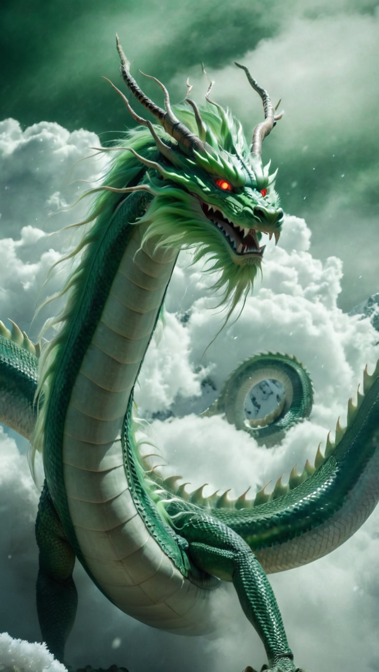 <lora:xl-shanbailing-1025-eastern dragon-000008:0.95>,bailing_eastern dragon,dragon suspended in the air there are clouds,outdoors,red eyes,long hair,snowing,the green dragon,