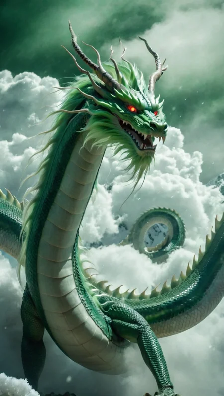 <lora:xl-shanbailing-1025-eastern dragon-000008:0.95>,bailing_eastern dragon,dragon suspended in the air there are clouds,outdoors,red eyes,long hair,snowing,the green dragon,