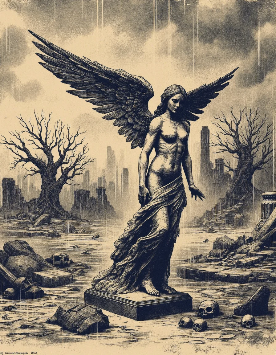 A damaged monochromatic drawing with rough line art and flat colors and strong grain about a fallen female angel statue with broken wings and bare breasts. It is made out of marble and stands in front of the ruins of an ancient futuristic civilization. A barren landscape with dead trees and bones and ruins is in the background. A thunderstorm and heavy rain is occurring. The image is covered in heavy grain and vintage dirt and artifacts.