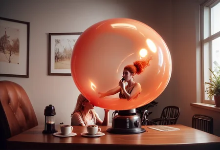Coffee machine, score_9, score_8_up, score_7_up, score_6_up, score_5_up, score_4_up, flamestyle, perfect face, perfect eyes, she is blowing up a huge balloon, overinflating, the balloon shows wisps of flame inside it.