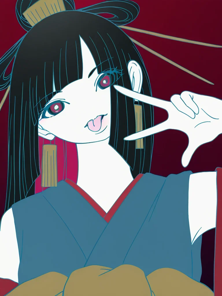 1girl,flat color,
white skin, red eyes, black hair, colored inner hair, blunt bangs, very long hair, hair rings, hair bun, hair stick, hair ornament,
card earrings,
blue kimono, short kimono, detached sleeves, red sleeves, wide sleeves,
large bow, obi, sash,
close-up, head tilt, looking at viewer, tongue out, w over eye,