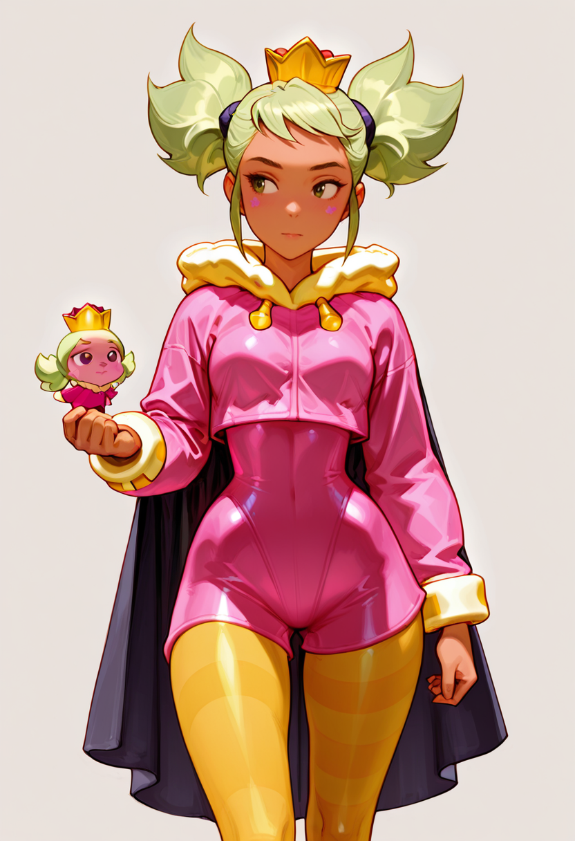 masterpiece, best quality, very aesthetic, absurdres, solo, 1 girl, Mandy(Braw Stars), dark-skin, green hair, twintail,  pink bodysuit, cape (white fur), yellow striped pantyhose,  little crown, <lora:Smooth_Booster:0.3>, good hand, blushed, <lora:Mandy_Braw_Stars__Illustrious:1>,  <lora:AKinuNishimura_Style:1>