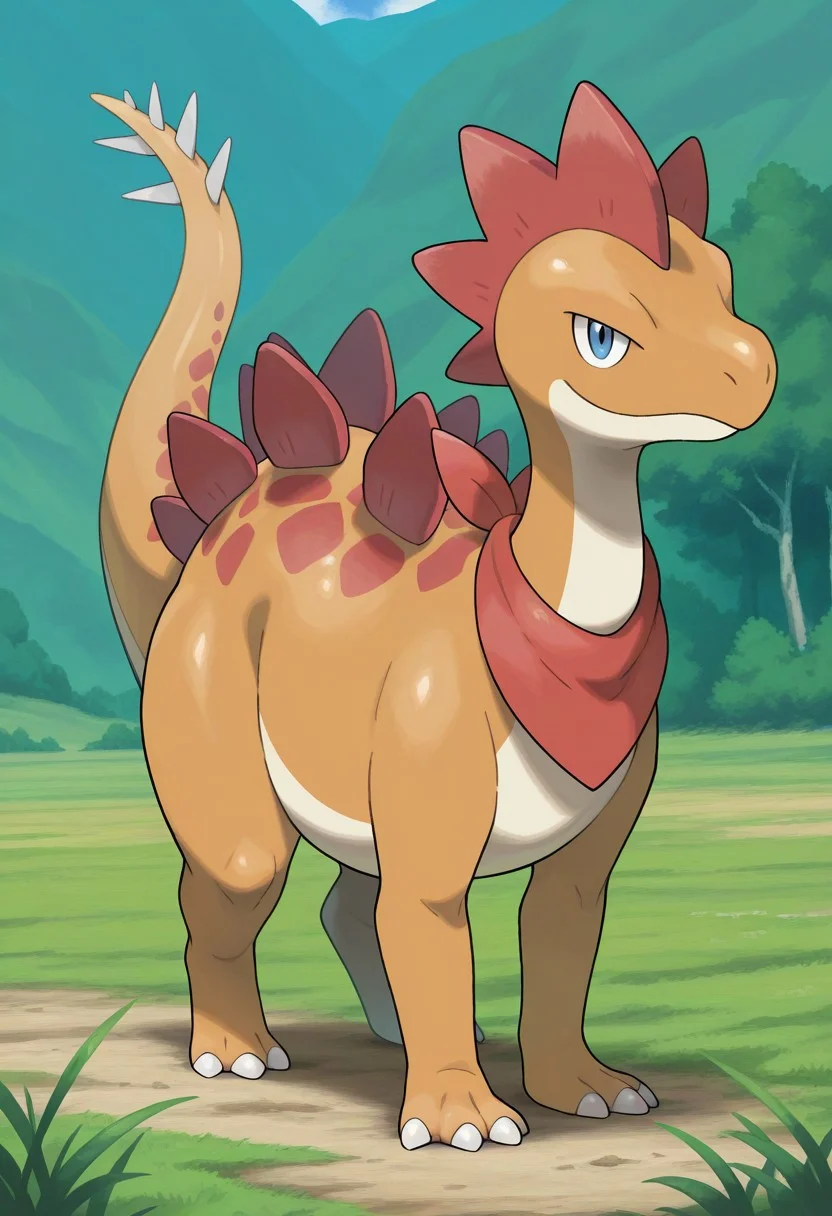 sugimori ken, pokemon, official art,
best quality, masterpiece, amazing quality, very aesthetic, absurdres,
full body,
1boy,
no humans, solo,
stegosaurus,
anthro,
colored skin, tan skin, countershading, white belly,
red bandana neckerchief,
looking at viewer, smile,
outdoors, field