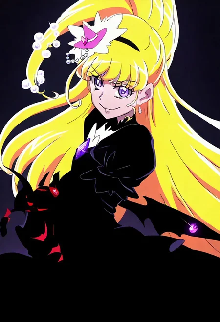 cure miracle, cure miracle \(diamond style\), crmrcldiamond, blonde hair, high ponytail, half updo, very long hair, shiny hair, hair beads around ponytail, eyebrows visible through hair, purple eyes, eyelashes, mini witch hat,
black dress, black costume, small devil wing,
simplebackground, dark indoor, evil smile ,spot light