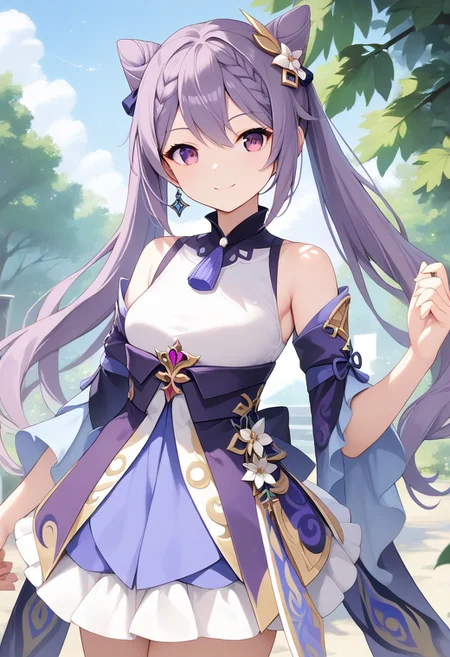 score_9, score_8_up, score_7_up, source_anime, best quality, masterpiece, 1girl, solo, smile. cowboy shot outdoors,
keqingcs, purple hair, cone hair bun, purple eyes, long hair, double bun, braid, twintails,