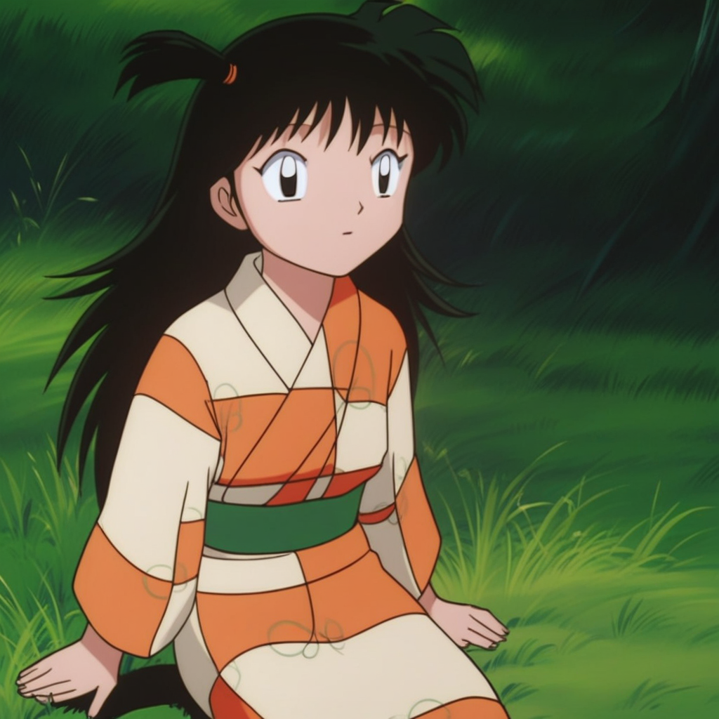 score_9, solo, rin_inuyasha, black hair, long hair, side ponytail, kimono, cute, sitting, grass, tree, natural lighting
