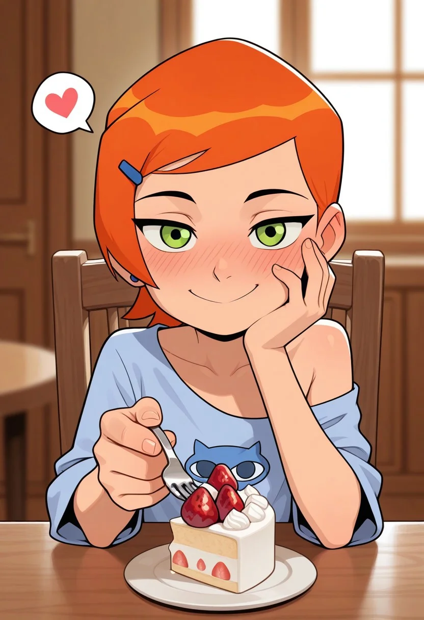 masterpiece, best quality, amazing quality, very aesthetic, high resolution, ultra-detailed, absurdres, newest,
Gwendolyn_Tennyson,1girl, solo, blushing, on a date, beautiful, off shoulder, collarbone,
<lora:GwenTen-Illus-13:1>
indoor, depth of field, table, cake, sitting, chair, looking at viewer, hand on own face, smile, holding fork, incoming food, strawberry, spoken heart,