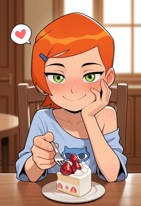 masterpiece, best quality, amazing quality, very aesthetic, high resolution, ultra-detailed, absurdres, newest,
Gwendolyn_Tennyson,1girl, solo, blushing, on a date, beautiful, off shoulder, collarbone,
<lora:GwenTen-Illus-13:1>
indoor, depth of field, table, cake, sitting, chair, looking at viewer, hand on own face, smile, holding fork, incoming food, strawberry, spoken heart,