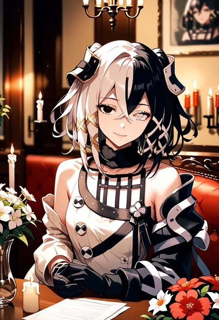 score_9,score_8_up,score_7_up,source_anime,ANTILENE_HERAN_FOUCHE,1girl,solo,looking at viewer,smile,bangs,black hair,hair ornament,gloves,dress,holding,hair between eyes,bare shoulders,closed mouth,jacket,upper body,flower,white hair,multicolored hair,black gloves,indoors,off shoulder,white dress,blurry,black eyes,bracelet,two-tone hair,streaked hair,grey eyes,heterochromia,table,x hair ornament,white flower,bouquet,candle,vase,