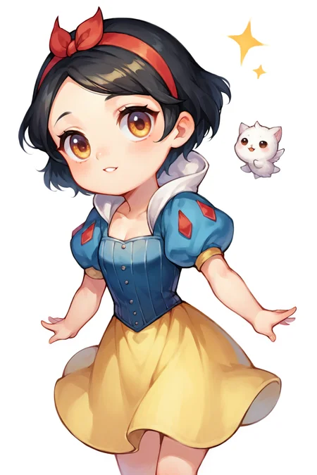 score_9, score_8_up, score_7_up, source_anime, highly detailed, 1girl, chibi:0.5, SnowWhiteXLP, black hair, short hair, red hairband, puffy sleeves, dress, yellow skirt, corset,  simple background, white background,  <lora:justduet_SDXLPONY_r70_768_dim32-a4-adamW-000009:0.6>,   <lora:SnowWhiteXLP_character:0.2>