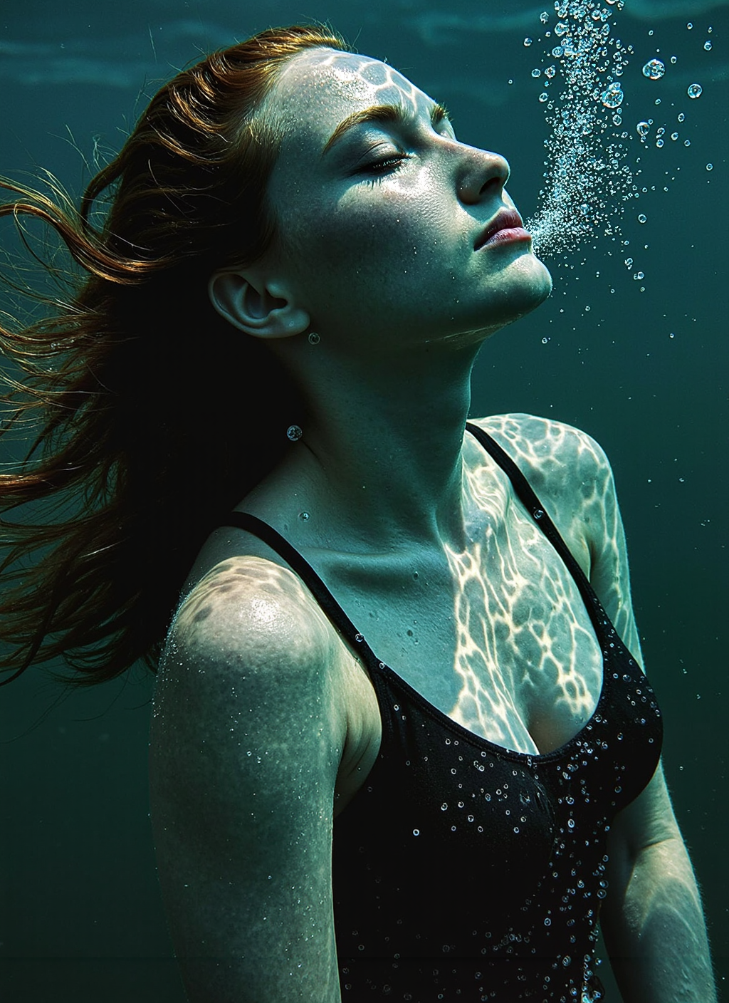 The woman was floating in the depths of the ocean, slightly removed from the camera, her silhouette softly surrounded by muted cold shades of blue and green. Her wet skin glistened, covered with delicate caustic patterns that danced softly over her shoulders, arms and face, reflecting the light barely penetrating through the water column. The girl's face is covered with only a few small air bubbles, adding mystery to her detached gaze. Large clusters of small bubbles trailed over her shoulders and chest, giving her skin a texture of underwater radiance. Her long hair, completely soaked, floated in the water, developing in different directions and framed by many small bubbles that got stuck in the strands and shimmered in the dim light. A faint, thin trail of bubbles was coming out of her nose, slowly rising to the surface. Faint rays of light, breaking through the water, created caustic patterns that shimmered over her figure and the fabrics of the swimsuit that fit snugly to her body. The whole scene is immersed in silence and tranquility, surrounded by soft shadows and light highlights, enhancing the feeling of peace and complete fusion with the underwater element