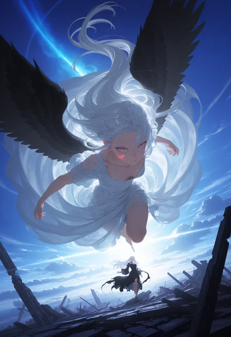 llv2-illu
masterpiece, best quality, highly detailed, ultra-detailed, cinematic angle, dynamic angle, dramatic lighting, sky, clouds, floating ruins, fantasy setting, 1girl, angel, black wings, long flowing hair, detailed lips, long eyelashes, sharp facial features, white hair, blond hair, dramatic pose, confrontation, intense gaze, ethereal, god rays, magical atmosphere, attacking, battle in the sky, flowing dress, torn dress, celestial, heavenly background, wide shot, epic scenery, intricate background, fantasy art, dynamic composition