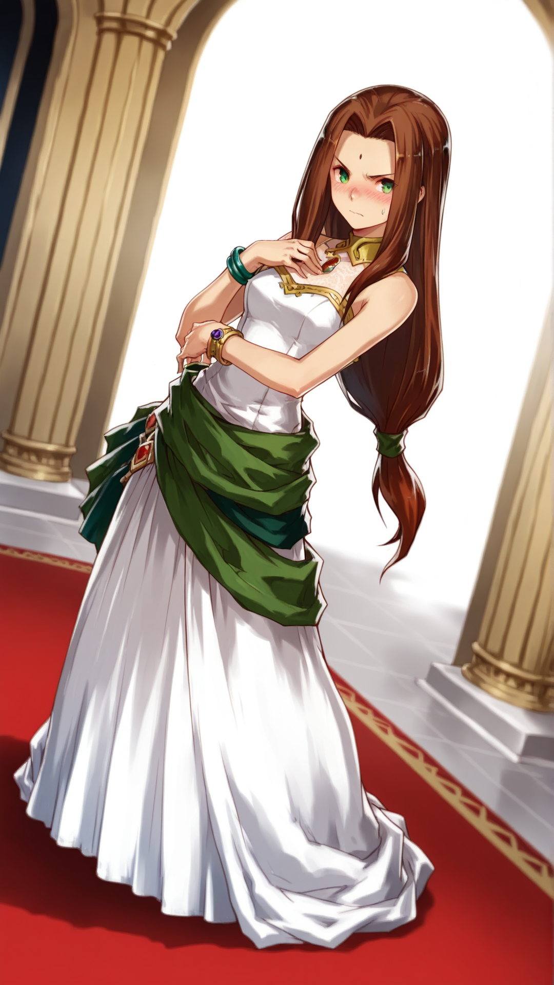 source_anime, general, best quality, masterpiece, 1girl, <lora:sania_ill:1> sania\(arkthelad\),long hair, brown hair,green eyes,facial mark,low-tied long hair, jewelry, wedding dress,chapel, bracelet,dynamic pose, dutch angle, flustered, (angry:0.7), (embarrassed:0.8),