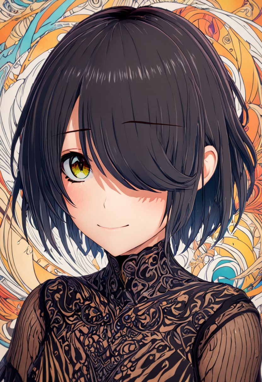 (masterpiece, best quality:1.2), highres, anime coloring, 1girl, solo, light smile, 
bangs over eye, short black hair,artistic,surreal design,