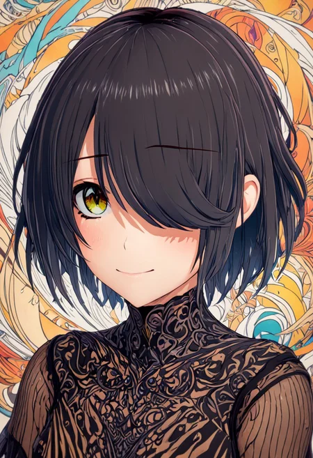 (masterpiece, best quality:1.2), highres, anime coloring, 1girl, solo, light smile,
bangs over eye, short black hair,artistic,surreal design,