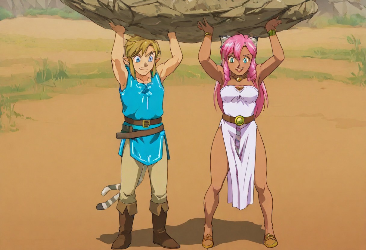Pink_DragonPink, 1girl, sleeveless dress, white tiger print dress, pelvic curtain, cleavage, white tiger tail, red sash, small breasts, leather shoes, masterpiece, very aesthetic, smiling wide, <lora:pink-illustrious:1>, 
Break
1boy,Anime screencap,link (zelda),blonde hair,blue eyes,pointy ears, wearing blue hyilian tunic, 
Break
Hyrule field, sunny day, by the lake, super_strength, pink_dragonpink holding link (zelda), over head, hands up,
