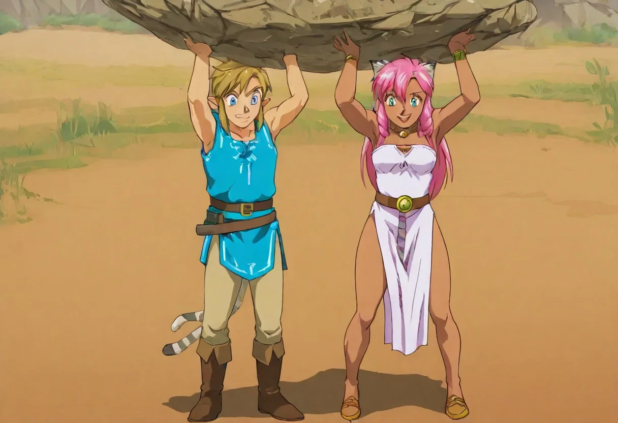 Pink_DragonPink, 1girl, sleeveless dress, white tiger print dress, pelvic curtain, cleavage, white tiger tail, red sash, small breasts, leather shoes, masterpiece, very aesthetic, smiling wide, <lora:pink-illustrious:1>,
Break
1boy,Anime screencap,link (zelda),blonde hair,blue eyes,pointy ears, wearing blue hyilian tunic,
Break
Hyrule field, sunny day, by the lake, super_strength, pink_dragonpink holding link (zelda), over head, hands up,