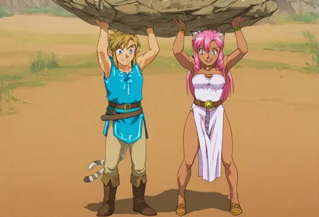 Pink_DragonPink, 1girl, sleeveless dress, white tiger print dress, pelvic curtain, cleavage, white tiger tail, red sash, small breasts, leather shoes, masterpiece, very aesthetic, smiling wide, <lora:pink-illustrious:1>,
Break
1boy,Anime screencap,link (zelda),blonde hair,blue eyes,pointy ears, wearing blue hyilian tunic,
Break
Hyrule field, sunny day, by the lake, super_strength, pink_dragonpink holding link (zelda), over head, hands up,