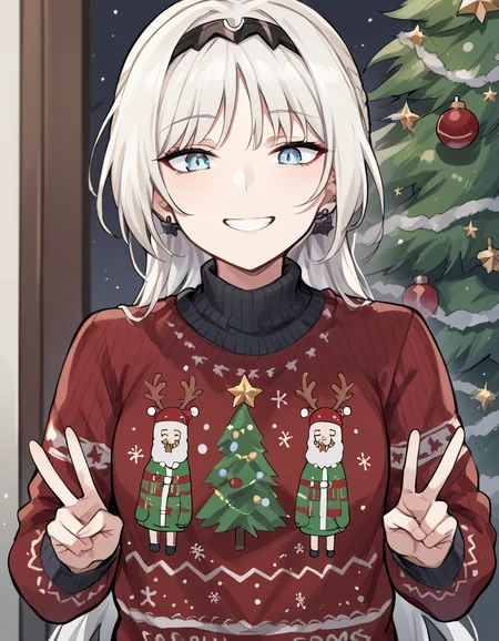 score_9, score_8_up, score_7_up, source_anime, <lora:girlsfrontline-an-94-ponyxl-lora-nochekaiser:1>, an-94, an-94 (girl's frontline), long hair, blue eyes, white hair,, <lora:christmas-sweater-ponyxl-lora-nochekaiser:1>, christmas sweater, christmas, ugly sweater, print sweater, red sweater, christmas tree, christmas ornaments, sweater, multicolored sweater, , v, smile, hands up, teeth, closed eyes, cowboy shot,, , dutch angle, cowboy shot