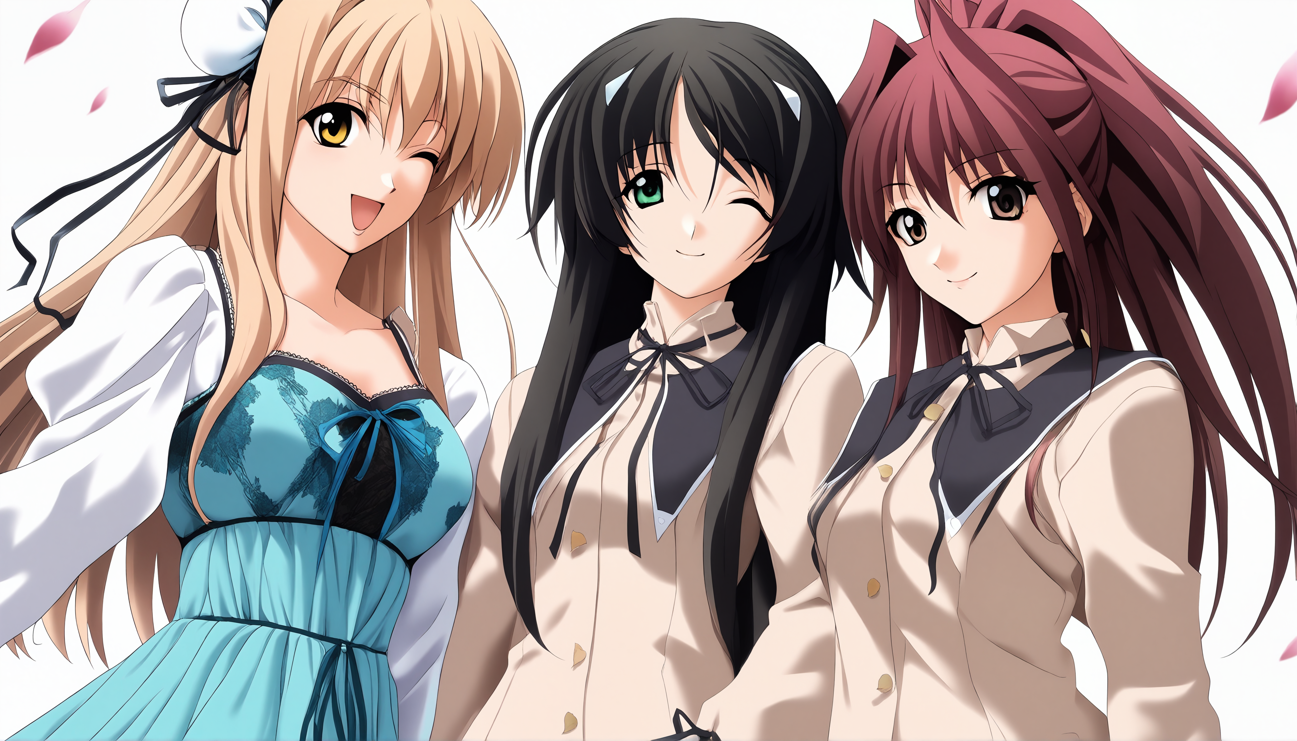 3girls,multiple girls,girl sandwich,simple background,white background,smile,masterpiece,best quality,very aesthetic,absurdres,looking at viewer,smile,(realistic rendering),(impressive scale and proportions),petals,falling petals,photo realistic,
BREAK
1girl,karin,memories off 4,aqua dress,aquakarin,white sleeves,one eye closed,open mouth,slim aqua chest bow,
BREAK
1girl,inori,memories off 4,long sleeves hamasaki uniform,longinori,closed eyes,
BREAK
1girl,miyabi,memories off 4,long sleeves hamasaki uniform,longmiyabi,open mouth,<lora:MemoriesOff4AIOK:0.9>,