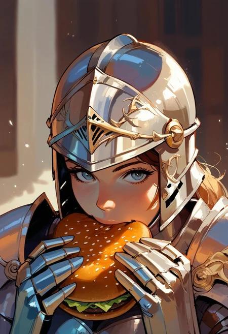 score_9, score_8_up, score_7_up,  , portrait,   
1girl, solo,  close up,jermaWhopper, eating, burger, looking at you, upper body
medieval, heavy armor, plate armor, helmet, knight,