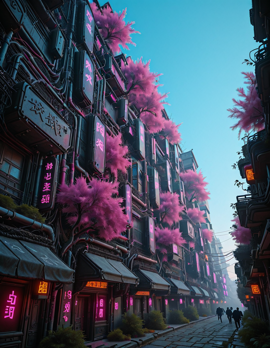 <lora:CWMinis01v2illb:1> cw01mini, hologram tree, colorful, vegetation, chinese, narrow street, chinese temples, glowing kanji, glow, illuminated, day, neons, too many wires, tubes on walls, low angle shot, photo, mist, persons, blue sky, sunny day, glowing runes,