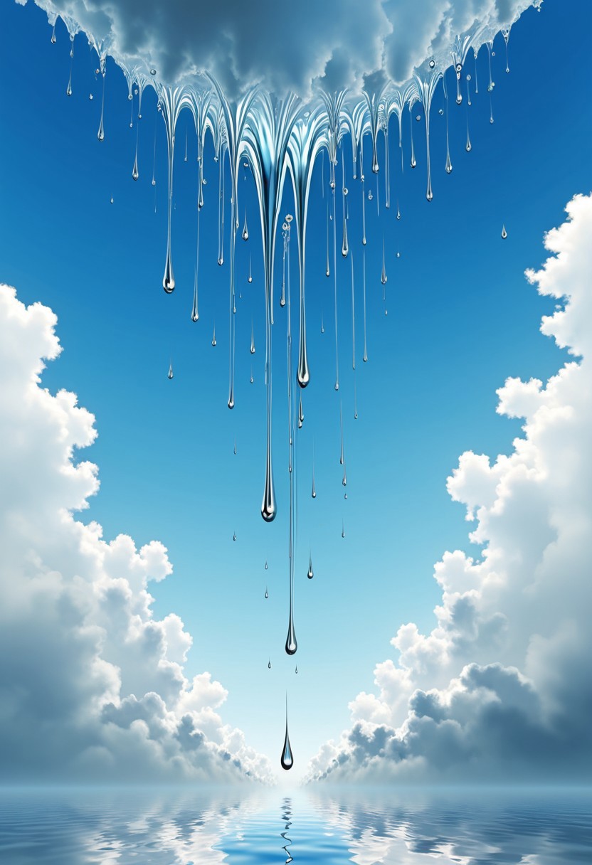 SimpleIllustration The sky is crying.,  surreal inversion, silvery reflections, themes of knowledge and growth, profound knowledge, abstract, mysterious shadows,Dynamic and layered composition, macro, close-up shot, idyllic scene