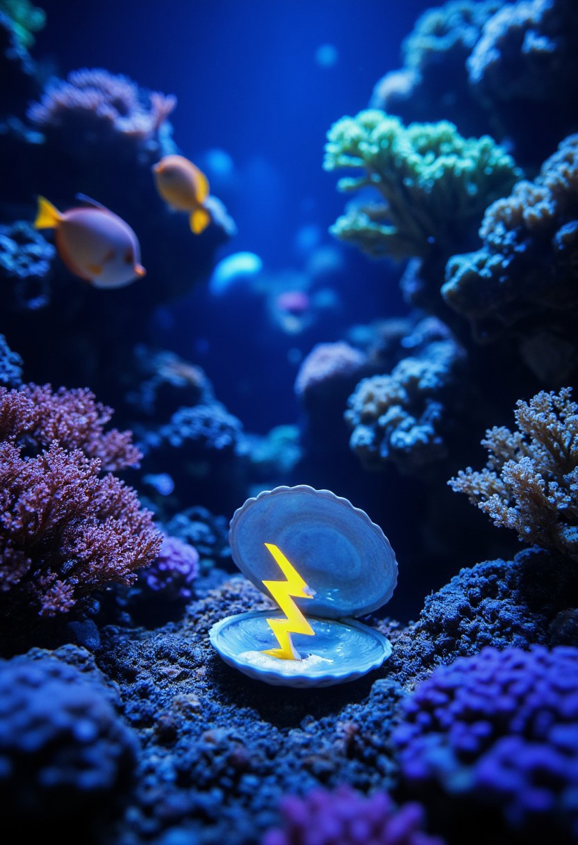 A highly detailed, bioluminescent coral reef teeming with exotic fish and otherworldly marine life. Vibrant colors pulse and shift in the dimly lit underwater scene. A small, almost hidden, clam shell rests open on the seabed, revealing the buzzing yellow and blue thunderbolt symbol glowing softly within its pearlescent interior. Rendered in 8k resolution with exceptional clarity, capturing the intricate details of the coral formations and the ethereal beauty of the deep ocean. A sense of mystery and wonder pervades the scene.