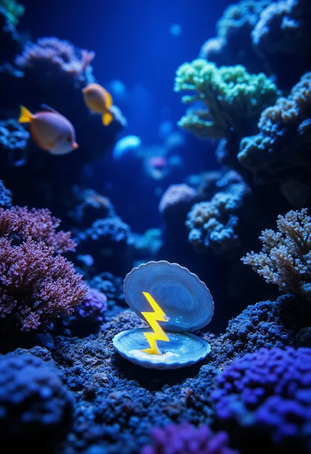 A highly detailed, bioluminescent coral reef teeming with exotic fish and otherworldly marine life. Vibrant colors pulse and shift in the dimly lit underwater scene. A small, almost hidden, clam shell rests open on the seabed, revealing the buzzing yellow and blue thunderbolt symbol glowing softly within its pearlescent interior. Rendered in 8k resolution with exceptional clarity, capturing the intricate details of the coral formations and the ethereal beauty of the deep ocean. A sense of mystery and wonder pervades the scene.