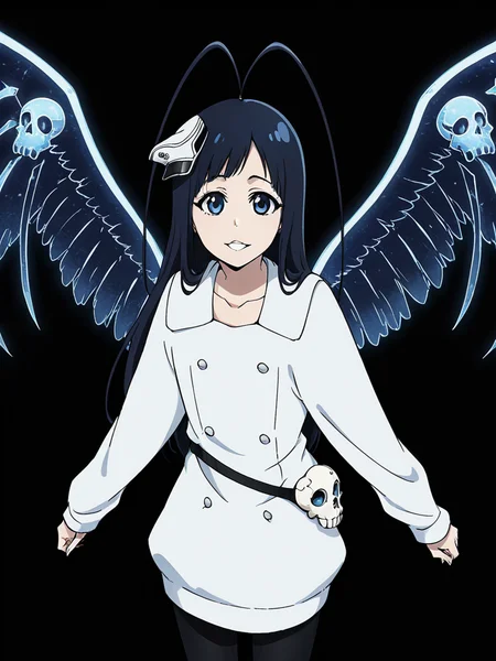 score_9, score_8_up, score_7_up,
1boy, androgynous, giselle gewelle, blue eyes, black hair, long hair, antenna hair,
standing, solo, black background, smile, parted lips, looking at viewer,
mini hat,
military uniform, white dress, long sleeves, collarbone, short dress, double breasted, waist bag, black leggings,
vollstandig, skull, energy wings, wings,