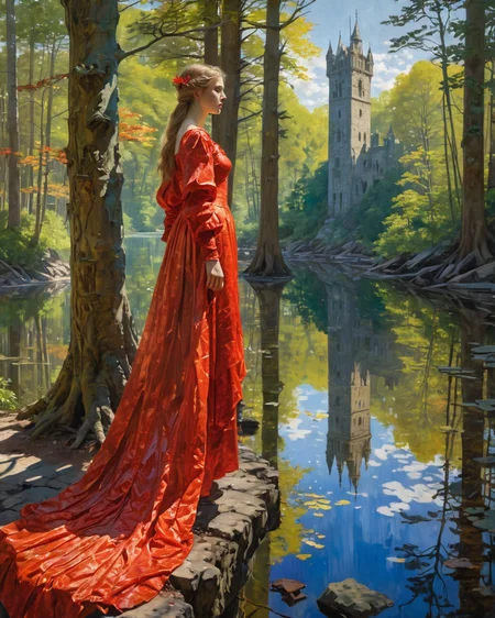 proud princess looking away, forest, water, reflections, transparency, tower, slimy, vivid color, The Tower of Shadows, Edgar Maxence, neon, (detailed face in focus:1.3), full body, ultra focus, light saturating her clothes, Childe Hassam, red, <lora:add-detail-xl:1>, <lora:xl_more_art-full_v1:0.8>