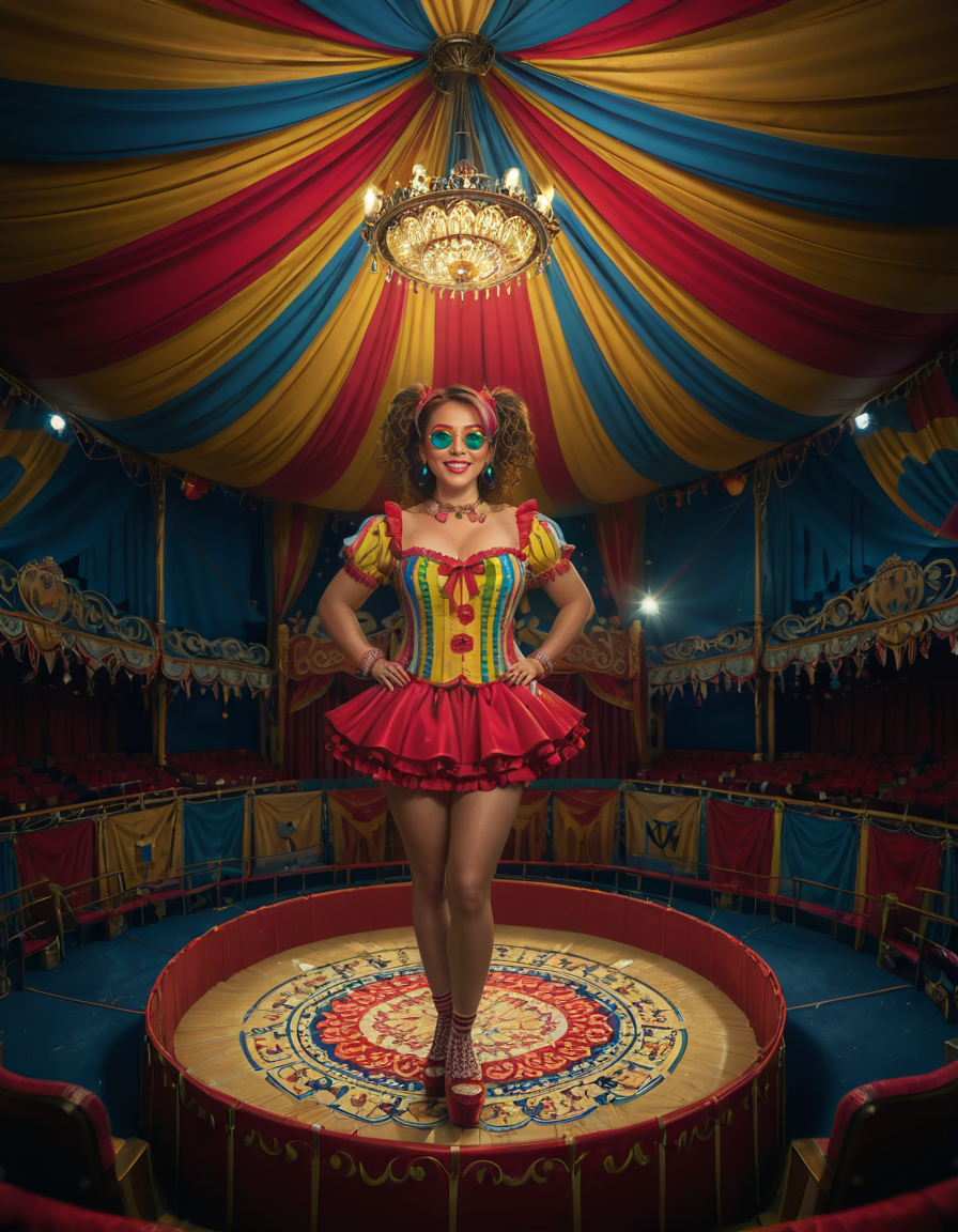 focus on woman face,rating_safe,A vibrant and colorful scene inside a grand circus tent,grand c1rcus, featuring a woman dressed as a whimsical clown. She is wearing an elaborate costume with a mix of bold patternsâred and white stripes, polka dots, and bright yellow accents. Her hair is styled in playful, oversized curls, dyed in shades of blue and pink. She is standing center stage, under a spotlight that casts a warm glow, making her sequined outfit sparkle. Her pose is dynamic and engaging, as if she is about to perform a trick or joke, with a wide, inviting smile. The background showcases the lively atmosphere of the circus, with colorful banners, a large audience in shadowy rows, and hints of other performers or props like juggling pins or unicycles. The overall lighting is bright and cheerful, emphasizing the magical, festive mood of the circus.<lora:SDXLFaeTastic2400:0.4> <lora:extremely_detailed:0.4> extremely detailed, <lora:grand_c1rcus:1>, Masterpiece,best quality,hi res,8k,hi res,8k,award winning,(sharp focus, intricate, highly detailed),